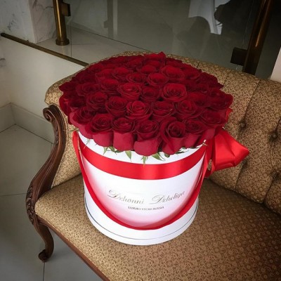 Красные элитные розы в белой коробке (Эквадор) — 65-71 штука